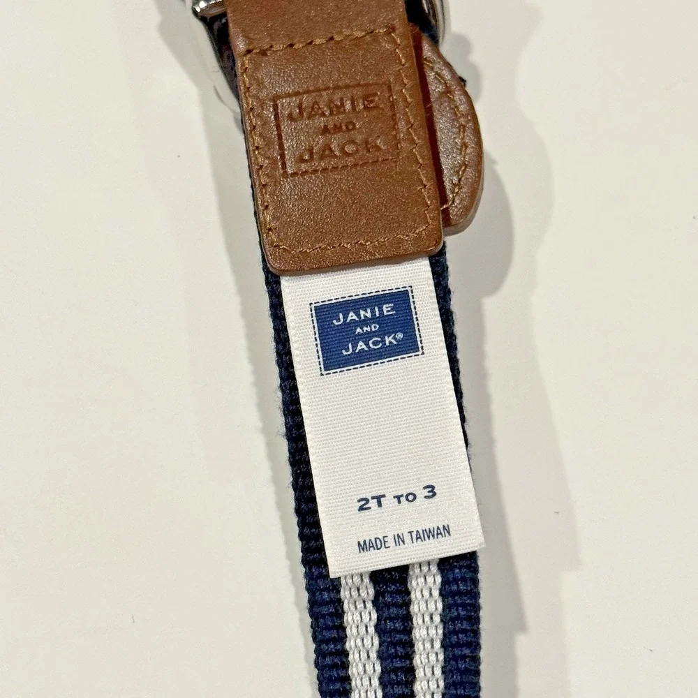 Janie & Jack Leather Canvas Belt Boys 2T 3T Blue Brown Easter Preppy Stripe